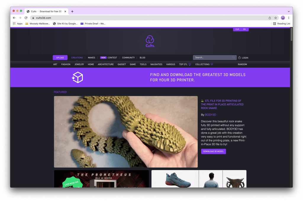 Preview of Cults 3D Website with the Models for 3D Printing Free 