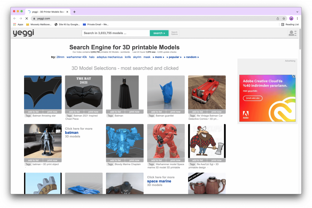 Preview of yeggi Website with the Models for 3D Printing Free 