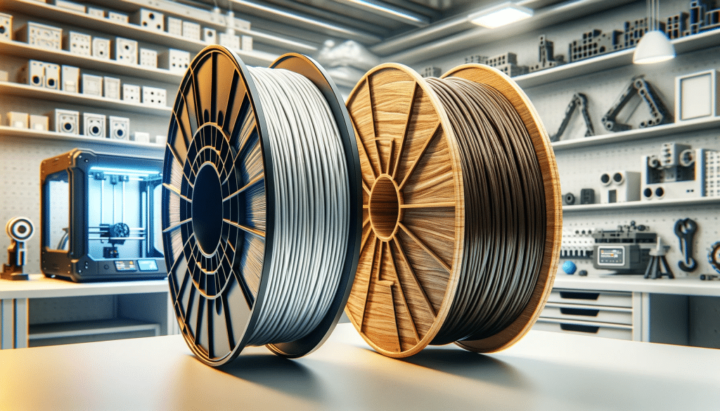 two spools of 3D printer filament, one of PETG and one of PLA, set in a modern laboratory or workshop environment