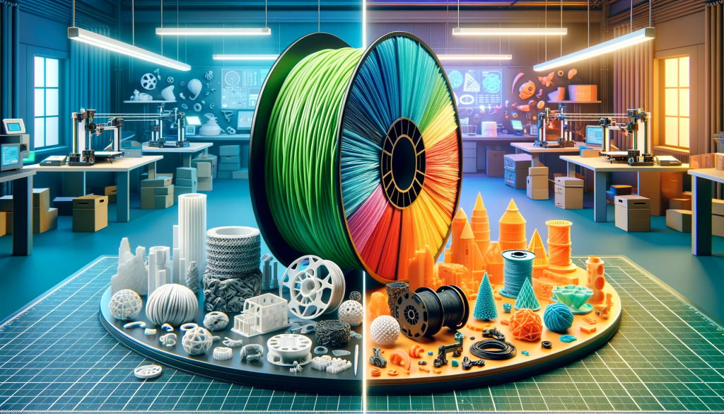 "PETG vs PLA" in 3D printing. This vibrant and detailed image features two distinct sections: on the right, it showcases a spool of PLA filament along with objects printed using PLA, highlighting intricate designs and artistic applications. On the left, it depicts a spool of PETG filament with 3D printed mechanical parts and functional items, emphasizing the strength and versatility of PETG.